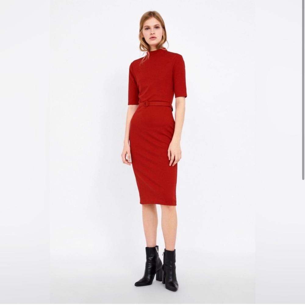 Red Zara mock neck midi dress with belt Size Small
